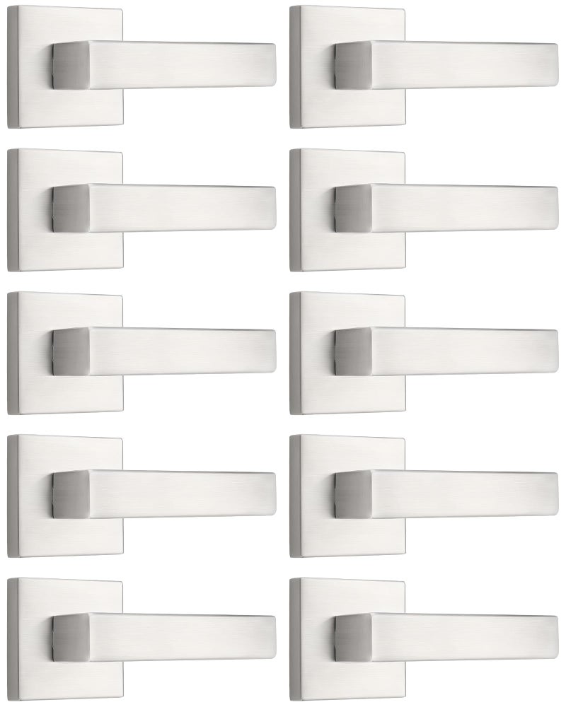 Probrico [Pack of 10 Door Lever Dummy Lever Door Handle for Closets French Doors,Square Dummy Door Lever,Non-Turning Single Side Pull with Satin Nickel Finish,Easy Installation Pull Only Lever Set - Image 1